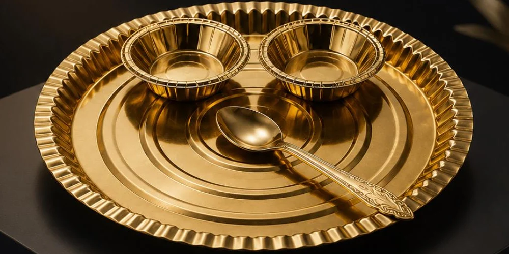 Premium golden disposable thali with bowls and spoon